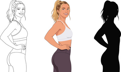 Vector set of a fit woman in sportswear line art illustration and silhouette