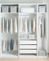 Organized open closet with white drawers, hanging neutral clothes and coordinated grey storage...