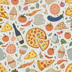 Bright illustration of pasta, croissant, cherries, and strawberries with cutlery on a checked background. Perfect for food themes, cafe menus, or culinary designs