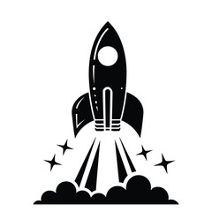 Vintage space rocket launch silhouette with stars and smoke trail