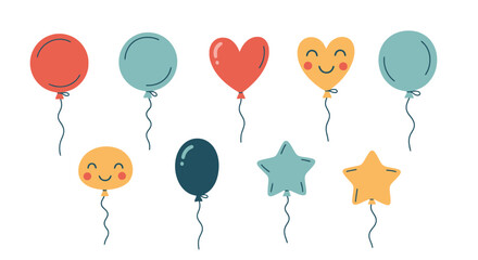 Colorful Cartoon Balloons Set with Happy Faces. Diverse Shapes: Round, Heart, Star. Celebration, Party, and Birthday Elements.