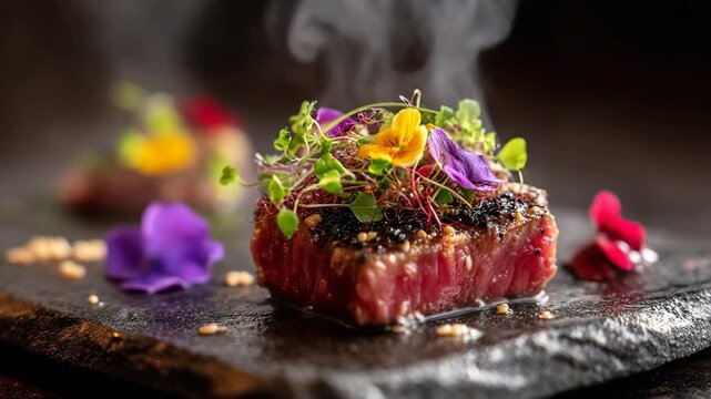 Close up of seared beef cubes on dark stone, garnished with colorful edible flowers and microgreens, steaming gently. Dark background, shallow depth of field.