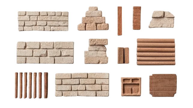 Various shapes and sizes of tan and reddish-brown bricks arranged neatly in rows.