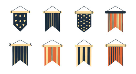 Set of Decorative Pennant Banners. Flat Design Collection of Hanging Flags with Diverse Patterns and Vintage Colors.