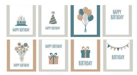 Minimalist Happy Birthday Card Collection with Flat Icons: Cake, Balloons, Presents, Flowers, Party Hat & Banners