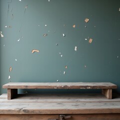 Product presentation template. A close-up view of a broken wooden shelf against a dark green wall.