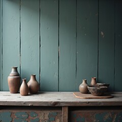 Product presentation template. A group of vases sitting on top of a wooden shelf.
