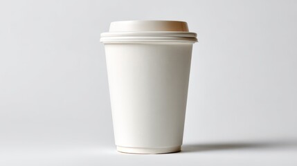 A 4K photo of single white disposable coffee cup with lid on a white background.