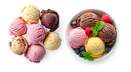 Colorful and Appetizing Variety of Ice Cream Scoops in a Circular Arrangement on Transparent background