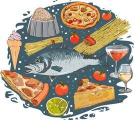 Detailed illustration of Italian cuisine with fish, cheese, pasta, pizza, wine, and delicacies. Ideal for menus, packaging, or culinary advertising