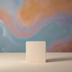 Product presentation template. A white square sitting in front of a painting.