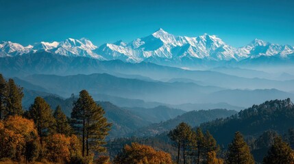 Obraz premium A 4K photo of stunning view of the Himalayas during autumn from Kausani, a hill station in Uttarakhand, India.