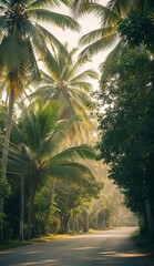 Fototapeta premium A winding village road shaded by tropical trees at dawn