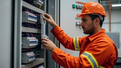 Professional electrician wearing safety helmet and reflective uniform checking and repairing electrical equipment in an industrial environment, ensuring safety and functionality