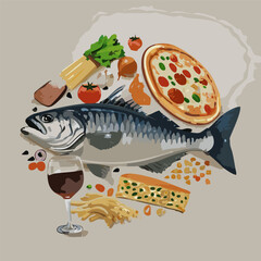 Detailed illustration of Italian cuisine with fish, cheese, pasta, pizza, wine, and delicacies. Ideal for menus, packaging, or culinary advertising