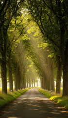 Long empty village road embraced by tropical trees under blue sky