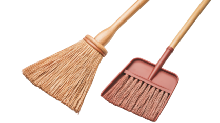 A natural straw broom and a matching dustpan with brush, both featuring wooden handles and tightly bound bristles.
