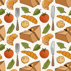 Bright illustration of pasta, croissant, cherries, and strawberries with cutlery on a checked background. Perfect for food themes, cafe menus, or culinary designs