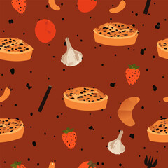 Bright illustration of pasta, croissant, cherries, and strawberries with cutlery on a checked background. Perfect for food themes, cafe menus, or culinary designs