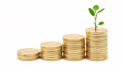 Four Stacks Gold Coins Ascending Growth Plant Sprout Top White Background stacks of coins coin stacks