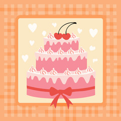 Flat hand-drawn cake illustration in retro doodle style. Perfect for posters, social media, packaging, cards, cafes and cute bakery branding. Neutral pastel background, no text