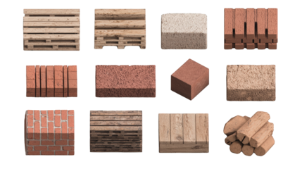 Various stacks and blocks of bricks and wooden planks arranged in a grid on a black surface.
