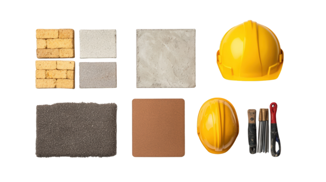Construction materials including bricks, concrete blocks, tiles, two yellow safety helmets, and assorted paintbrushes arranged neatly.