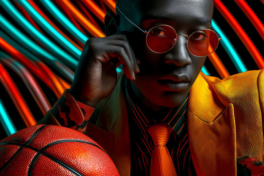Young man in mustard jacket spinning basketball on finger in LED-lit studio - Powered by Adobe