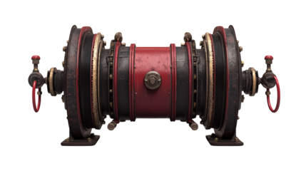 A vintage red and black industrial machine component with metal gears, bolts, and circular end fittings.