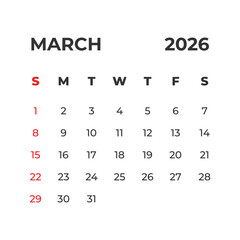 March 2026 vector calendar grid