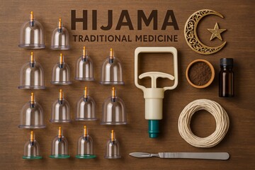Essential tools for traditional dry and wet Hijama therapy. Ancient healing system promoting well-being. Hijama, treatment according to the Sunnah.
