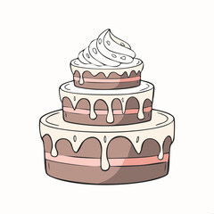 Flat hand-drawn cake illustration in retro doodle style. Perfect for posters, social media, packaging, cards, cafes and cute bakery branding. Neutral pastel background, no text