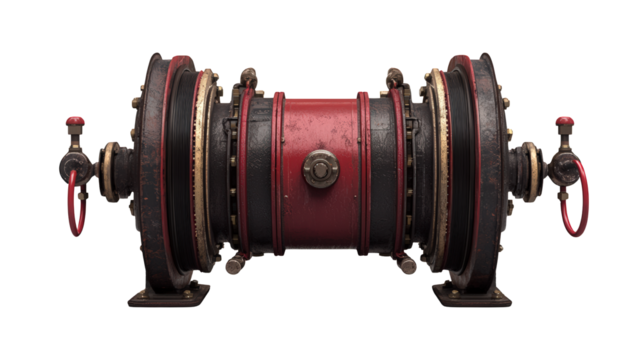 A vintage red and black industrial machine component with metal gears, bolts, and circular end fittings.
