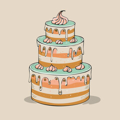Flat hand-drawn cake illustration in retro doodle style. Perfect for posters, social media, packaging, cards, cafes and cute bakery branding. Neutral pastel background, no text