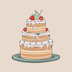 Flat hand-drawn cake illustration in retro doodle style. Perfect for posters, social media, packaging, cards, cafes and cute bakery branding. Neutral pastel background, no text