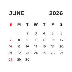 June 2026 vector calendar grid