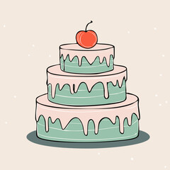 Flat hand-drawn cake illustration in retro doodle style. Perfect for posters, social media, packaging, cards, cafes and cute bakery branding. Neutral pastel background, no text