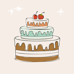 Flat hand-drawn cake illustration in retro doodle style. Perfect for posters, social media, packaging, cards, cafes and cute bakery branding. Neutral pastel background, no text