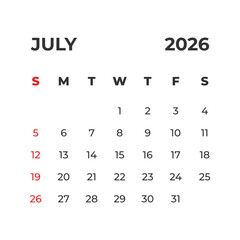 July 2026 vector calendar grid