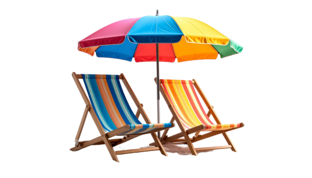 Two colorful beach chairs under a beach umbrella on a transparent background - Powered by Adobe