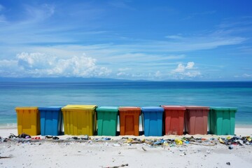 Colorful recycle bins on polluted beach calling for environmental awareness