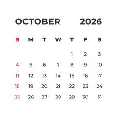 October 2026 vector calendar grid