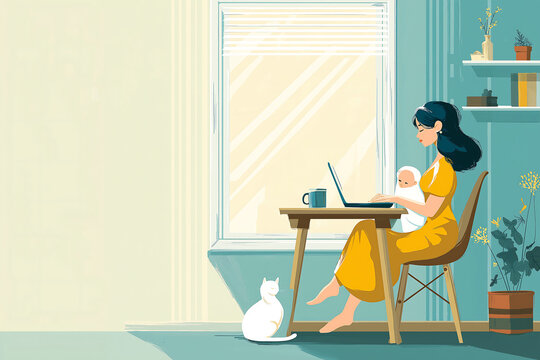 Minimalist illustration: woman working at home with baby and cat