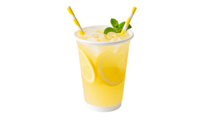 Refreshing lemonade with ice, lemon slices, and mint in a plastic cup with straws on transparent background