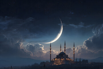 A moon is shining on a large building with four towers