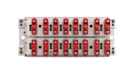 A dual row terminal block connector with red and white plastic components and metal screws designed for secure electrical wiring connections.