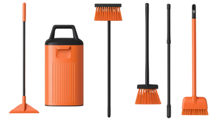 Set of orange cleaning tools including a broom, dustpan, and bucket with black handles and bristles.