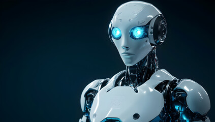 A robot with blue eyes stands in front of a dark background