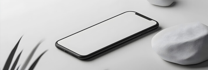 A white phone is on a table next to a rock