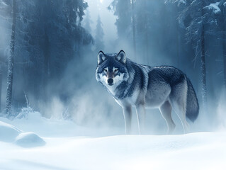 A wolf is standing in the snow, looking at the camera